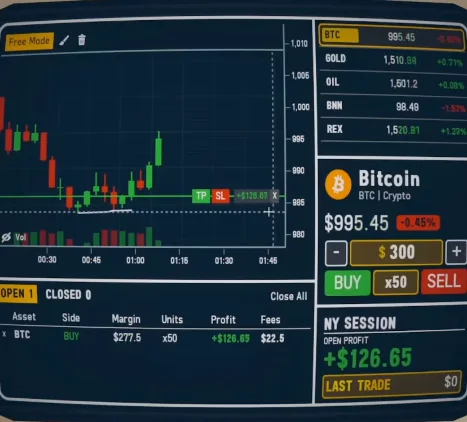 In-game trading terminal: Bitcoin candlestick chart, BUY and SELL controls, x50 leverage, one open position and live P&L