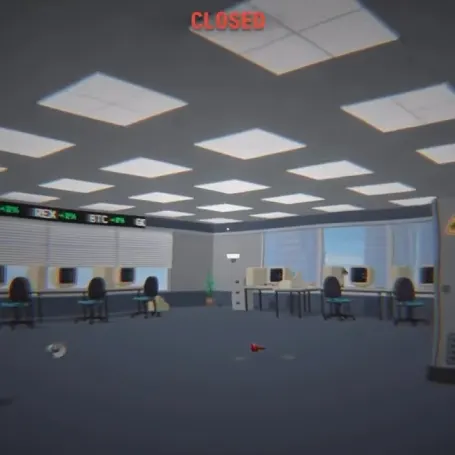 The BrokeStreetGame trading floor: rows of CRT terminals under fluorescent light